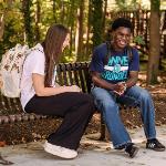 Students sitting on a bench talking.