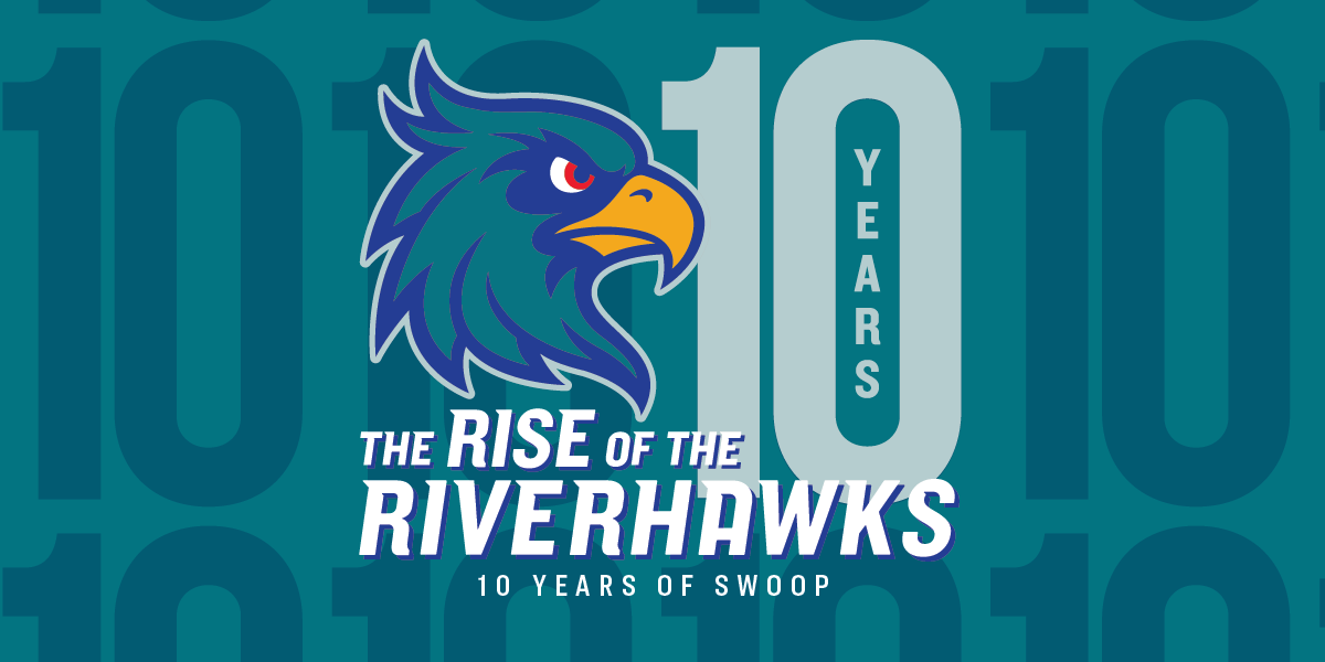 Swoop Riverhawk head with words The Rise of the Riverhawks. 10 Years of Swoop