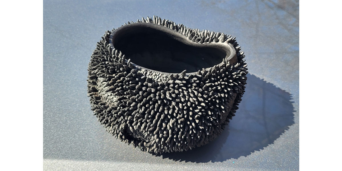 A dark grey, organic-shaped ceramic bowl covered in hundreds of small, dense spikes, resembling a sea urchin.