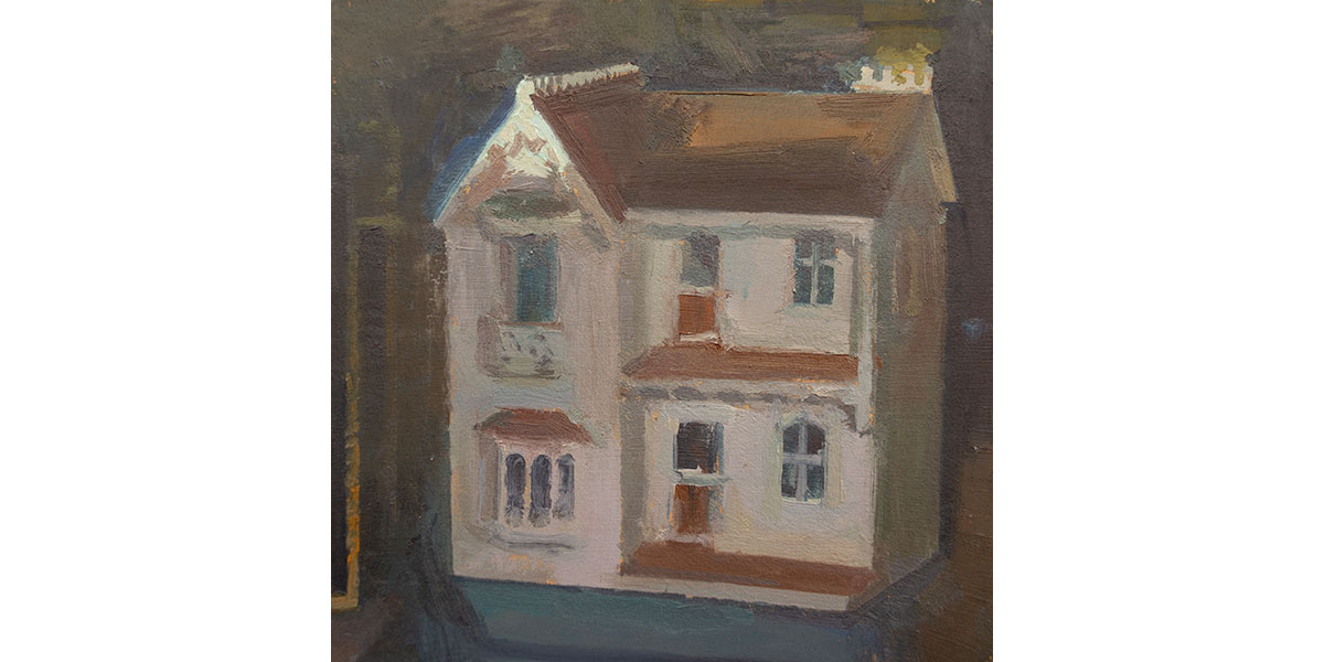 A painting of a white house with shadows.