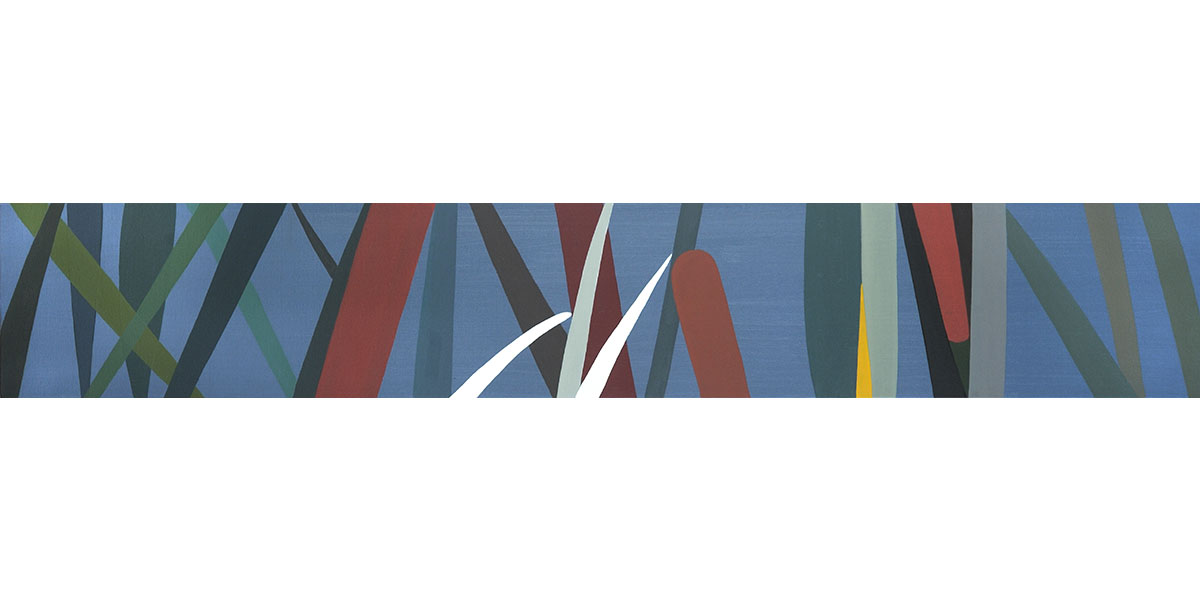 Abstract artwork featuring overlapping, colorful, vertical and diagonal shapes on a blue background, resembling stylized blades of grass or reeds.