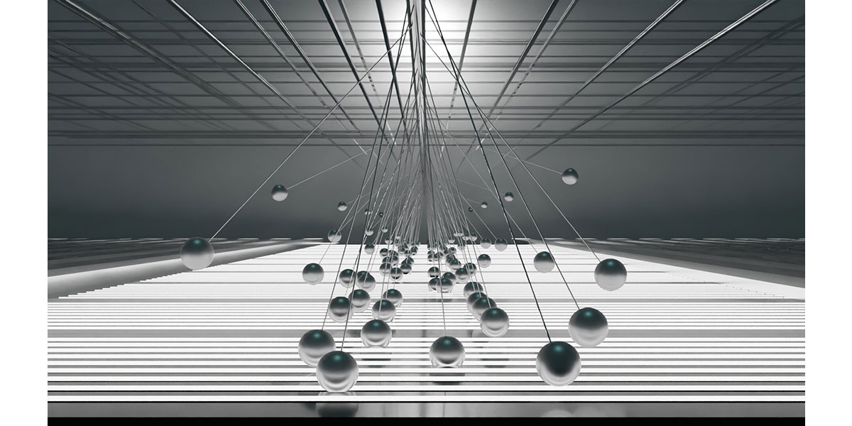 A symmetrical, monochromatic view of a futuristic hallway with glowing floor strips and numerous chrome spheres suspended from the ceiling in a converging V-shape.
