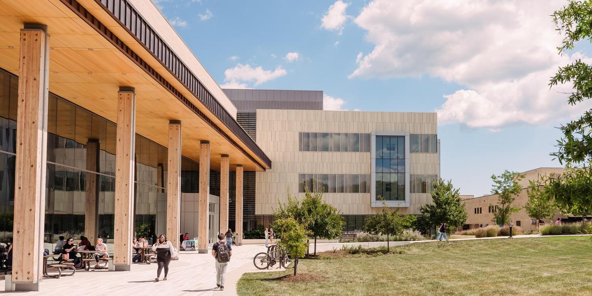Students walking outside the Health and Life Sciences Building